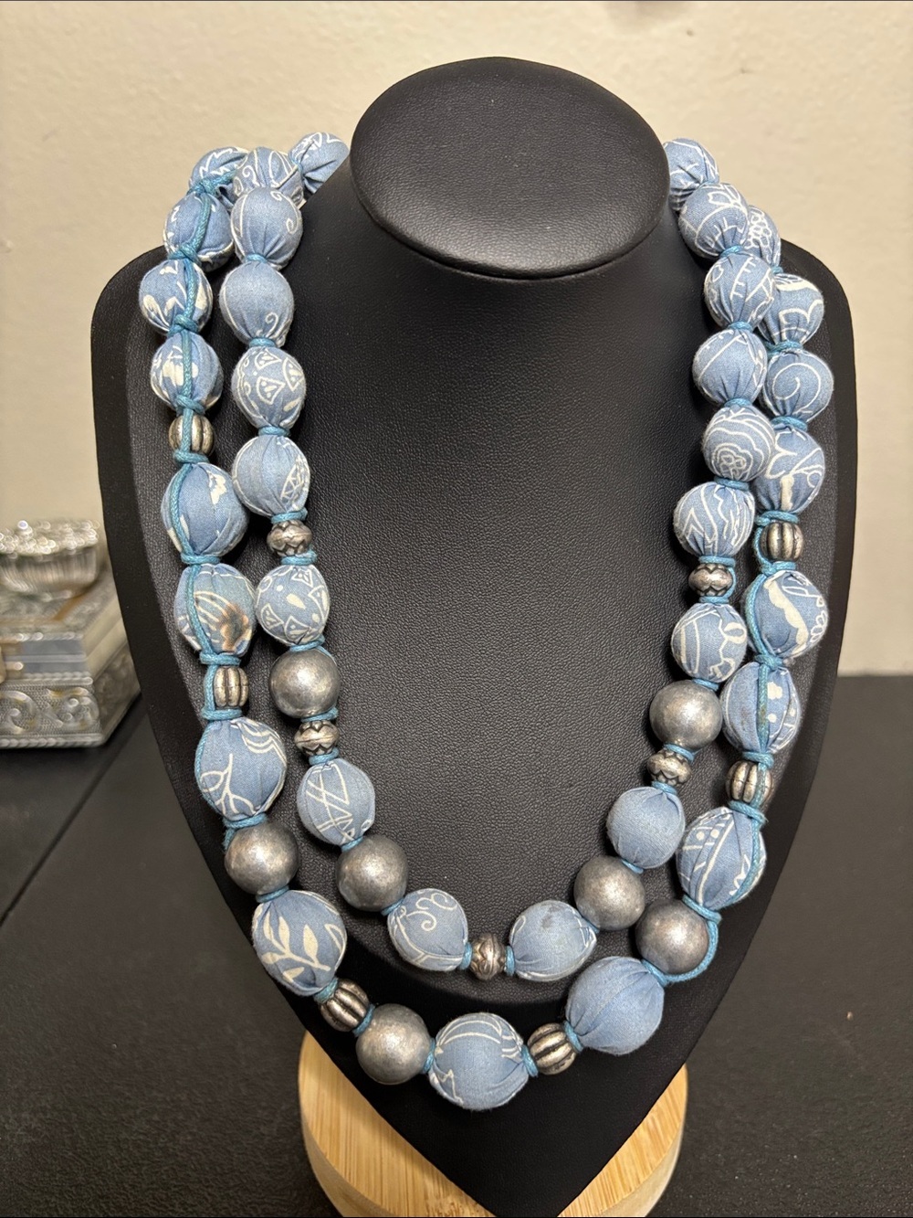 Coldwater Creek Vintage Blue Patterned Layered Fabric Bead Necklace Jewelry